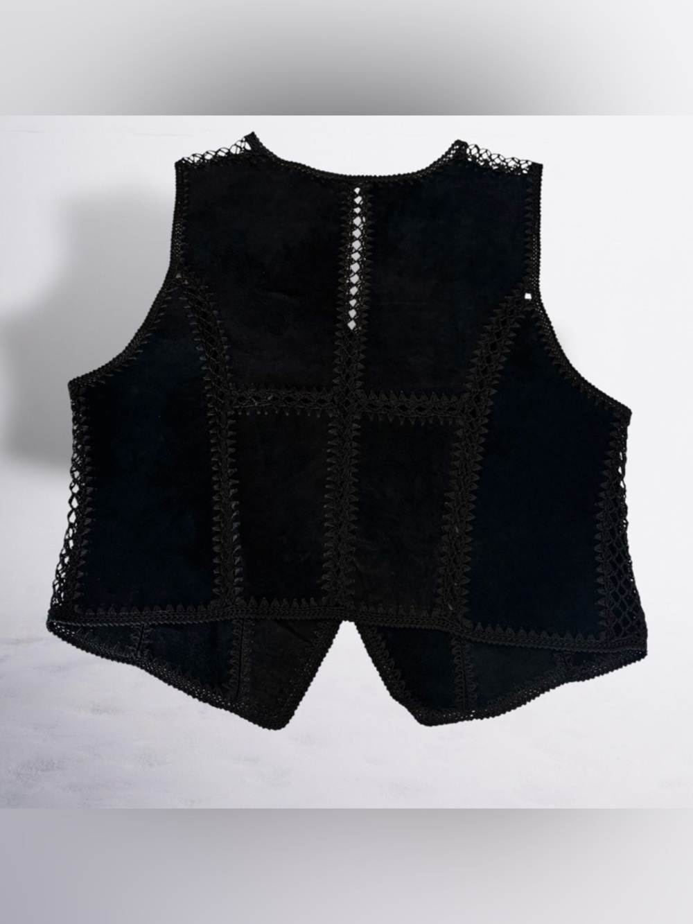 Vintage Black Genuine Leather Suede & Crochet Patchwork Women's Vest - Picture 5 of 7